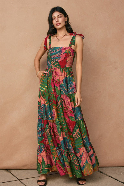Green Printed Shoulder Tie Tiered Maternity Maxi Dress