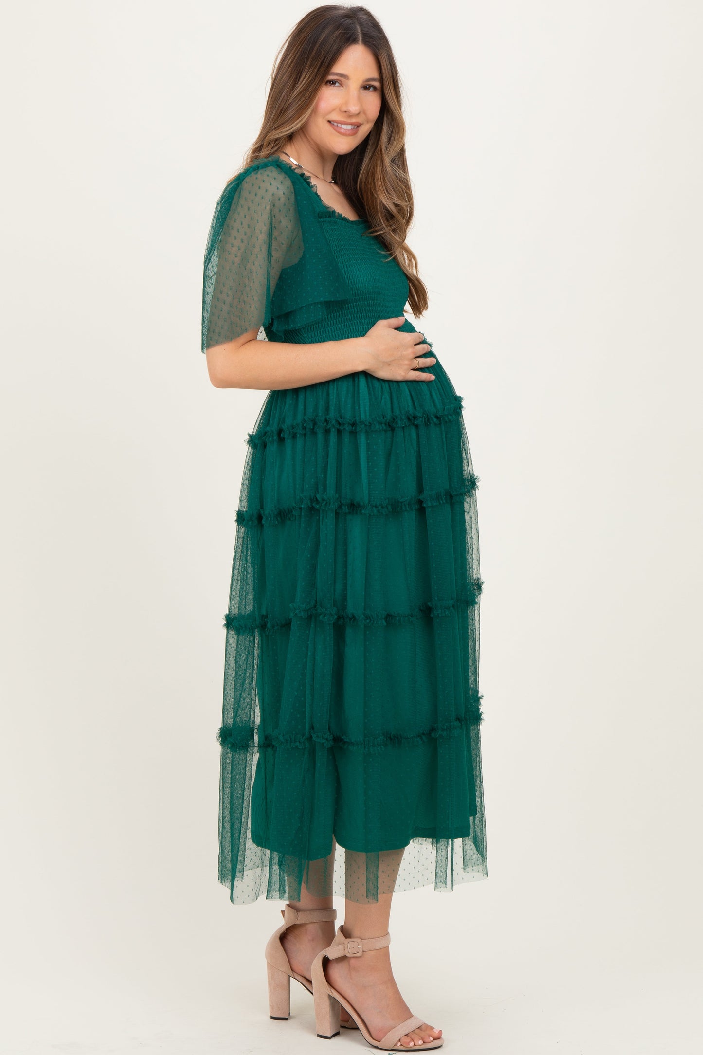 Emerald Green Ruffled Mesh Maternity Maxi Dress