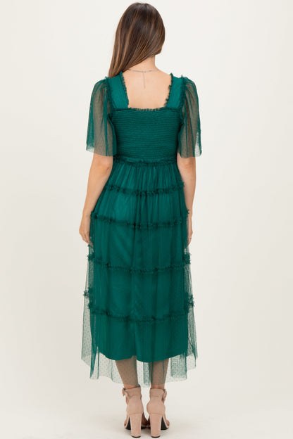 Emerald Green Ruffled Mesh Maternity Maxi Dress