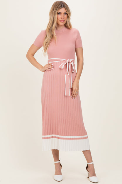 Mauve Knit Pleated Sash Tie Maternity Midi Dress