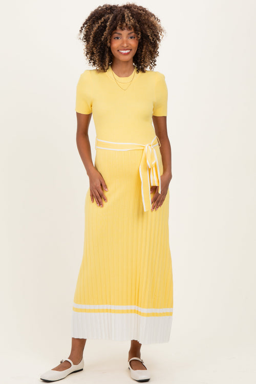 Yellow Knit Pleated Sash Tie Maternity Midi Dress