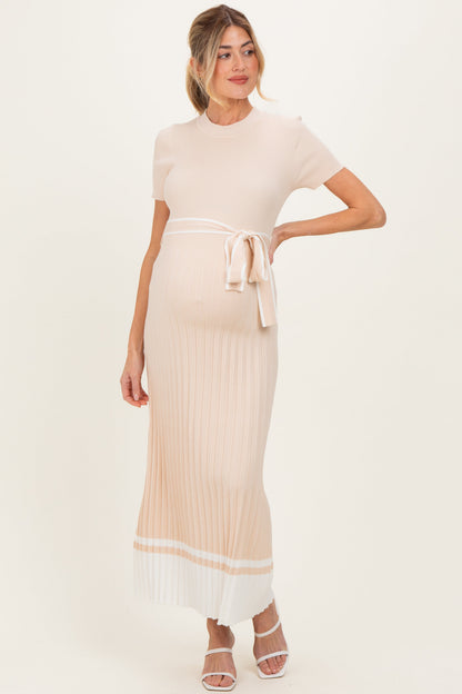 Beige Knit Pleated Sash Tie Maternity Midi Dress