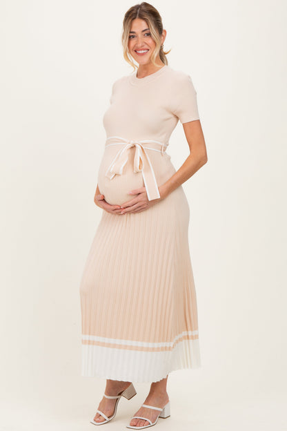 Beige Knit Pleated Sash Tie Maternity Midi Dress