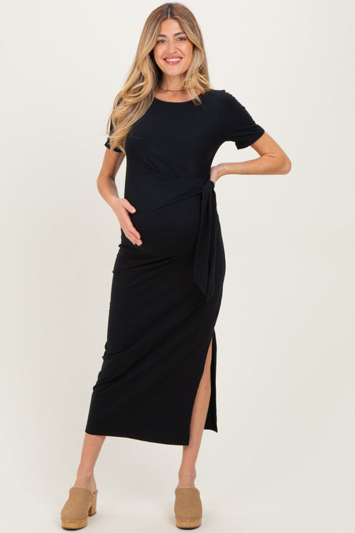 Black Short Sleeve Waist Tie Side Slit Maternity Maxi Dress