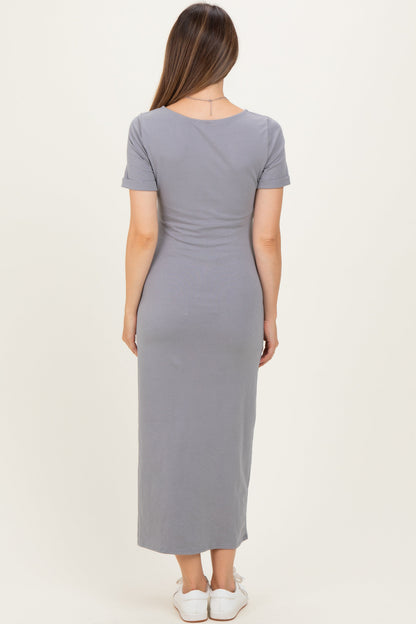 Grey Short Sleeve Waist Tie Side Slit Maternity Maxi Dress