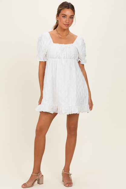 White Textured Puff Sleeve Maternity Dress