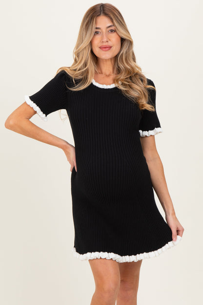 Black Ribbed Knit Ruffle Trim Maternity Mini Dress