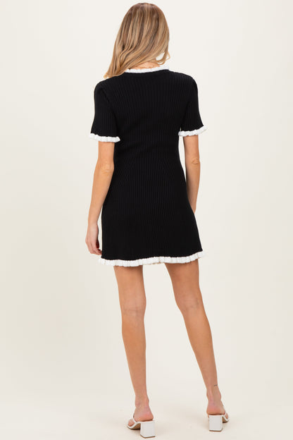 Black Ribbed Knit Ruffle Trim Maternity Mini Dress