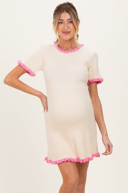 Cream Ribbed Knit Ruffle Trim Maternity Mini Dress