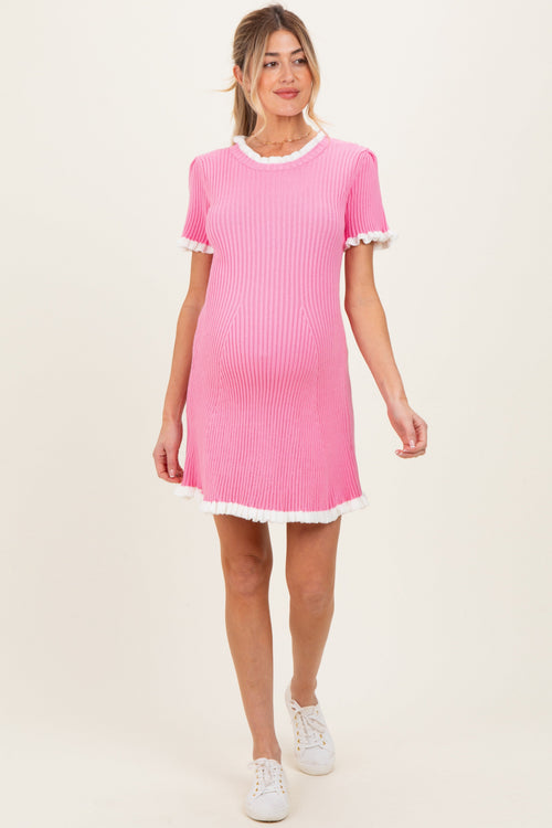 Pink Ribbed Knit Ruffle Trim Maternity Mini Dress