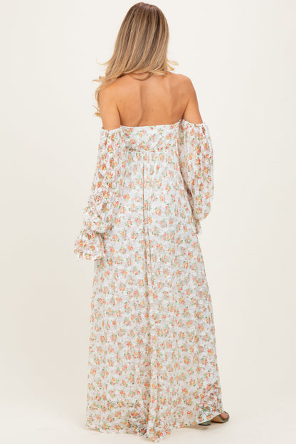 Orange Floral Lace Smocked Long Sleeve Off Shoulder Maternity Maxi Dress