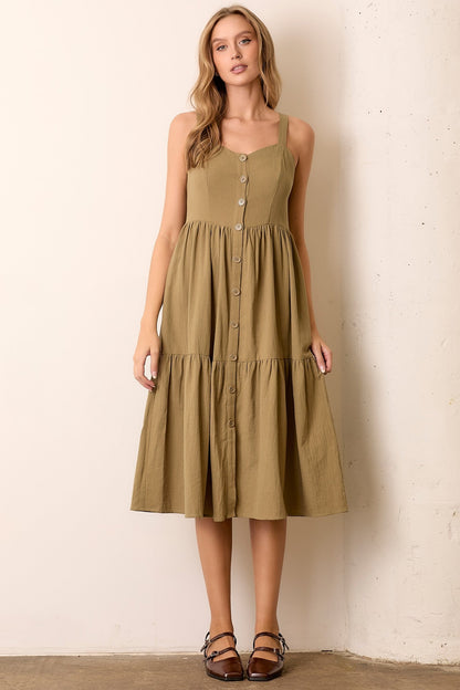 Olive Sleeveless Button Down Tiered Maternity Midi Dress