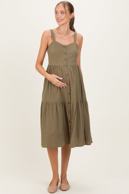 Olive Sleeveless Button Down Tiered Maternity Midi Dress