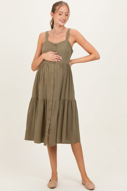 Olive Sleeveless Button Down Tiered Maternity Midi Dress