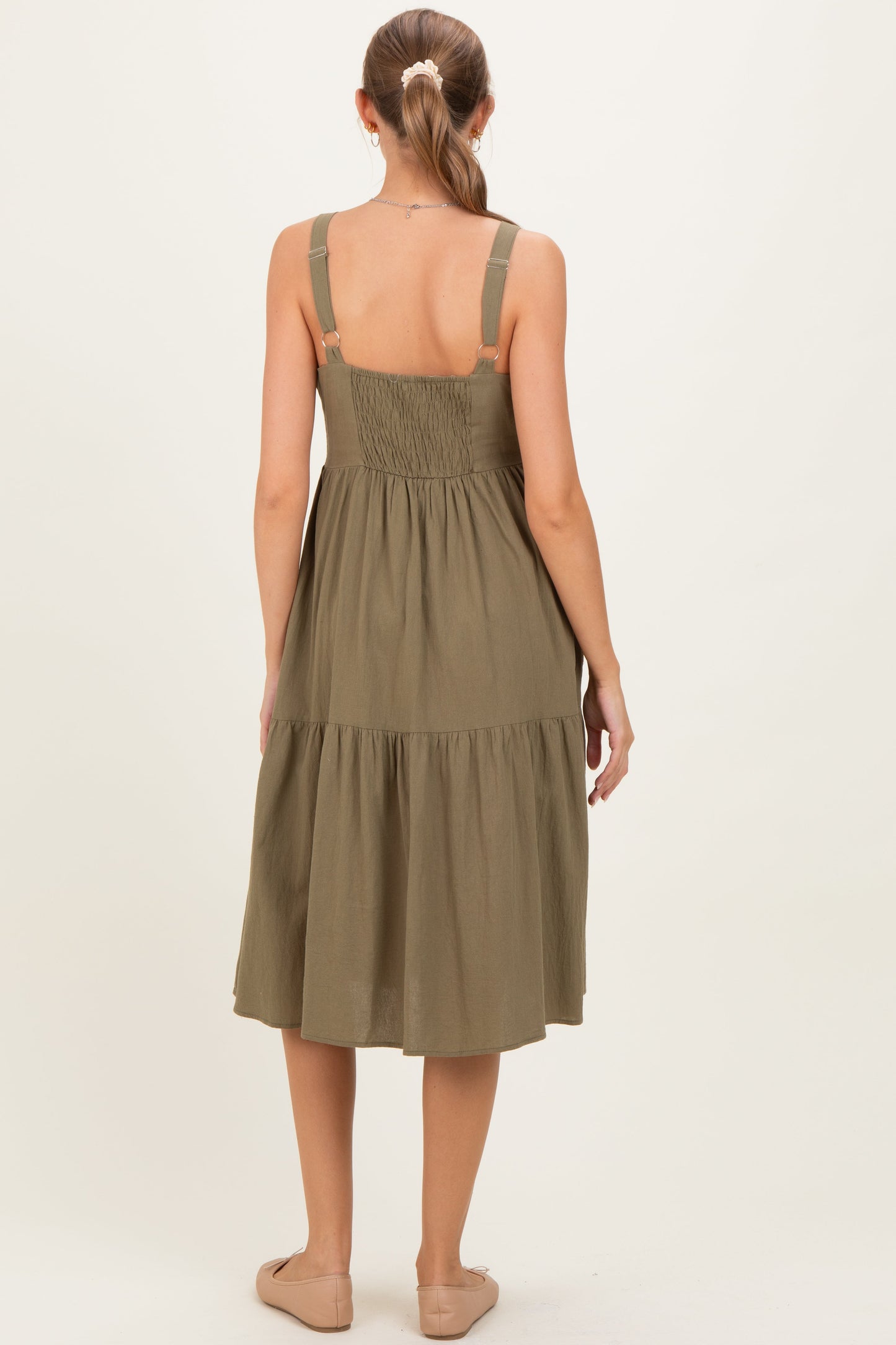 Olive Sleeveless Button Down Tiered Maternity Midi Dress