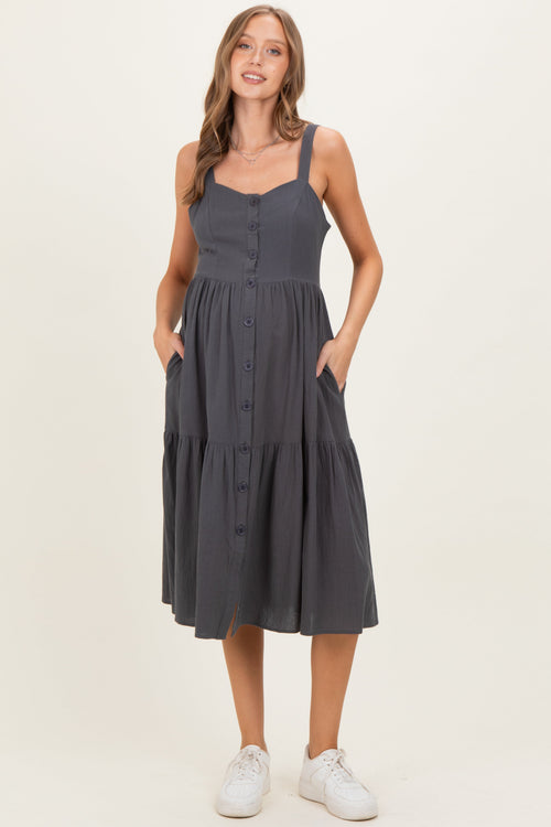 Charcoal Sleeveless Button Down Tiered Maternity Midi Dress