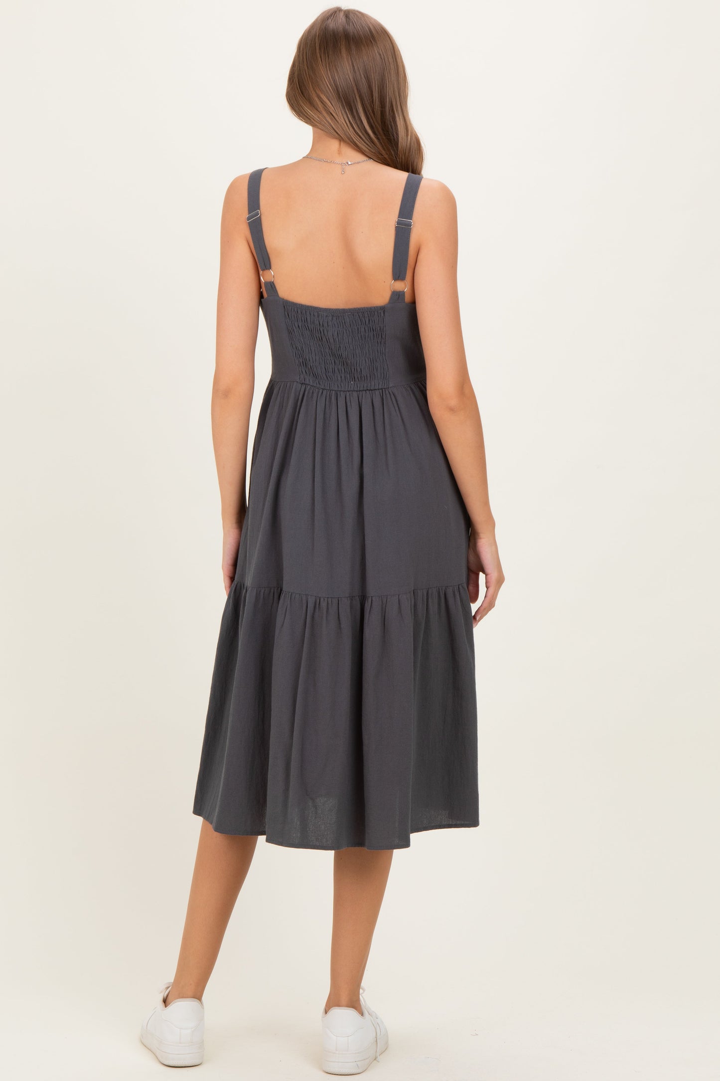 Charcoal Sleeveless Button Down Tiered Maternity Midi Dress