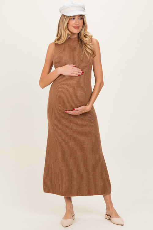 Mocha Chunky Knit Sleeveless Maternity Maxi Dress