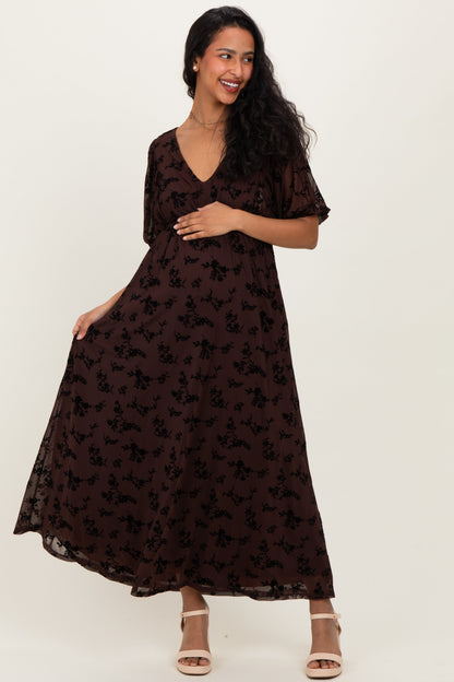 Brown Floral Mesh 3/4 Sleeve V-Neck Maternity Maxi Dress