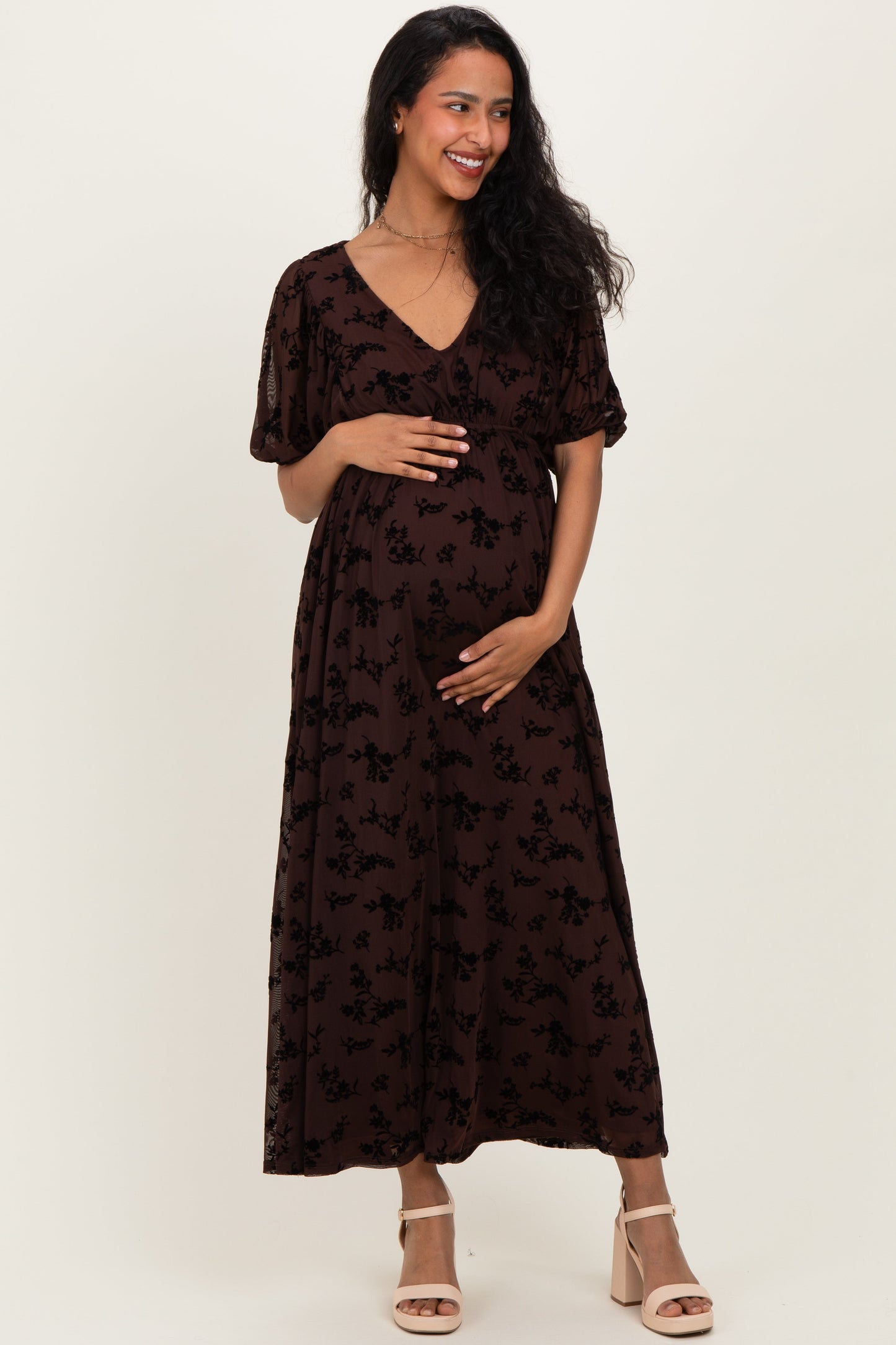 Brown Floral Mesh 3/4 Sleeve V-Neck Maternity Maxi Dress