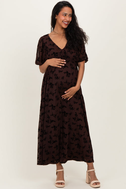 Brown Floral Mesh 3/4 Sleeve V-Neck Maternity Maxi Dress