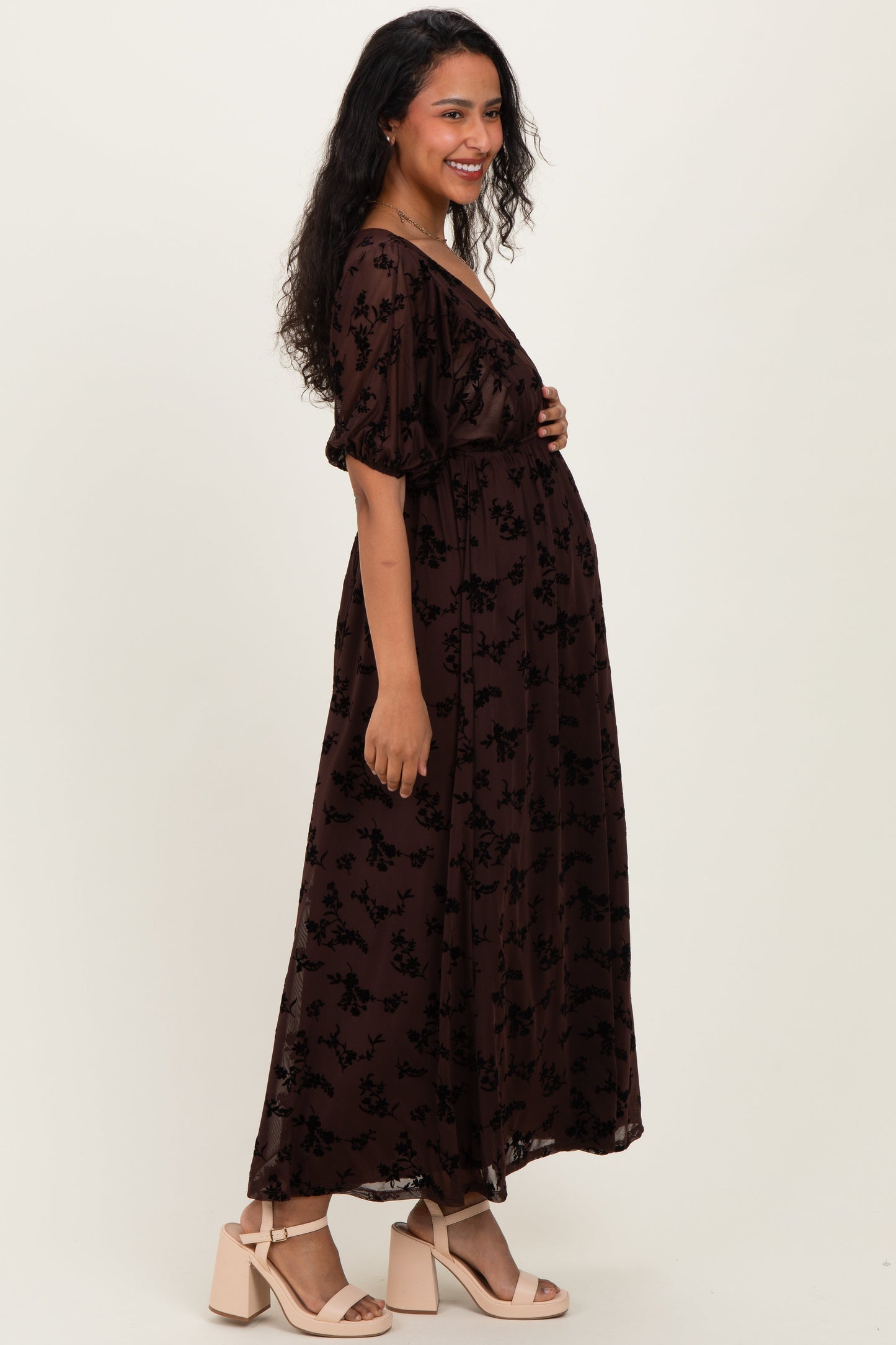 Brown Floral Mesh 3/4 Sleeve V-Neck Maternity Maxi Dress