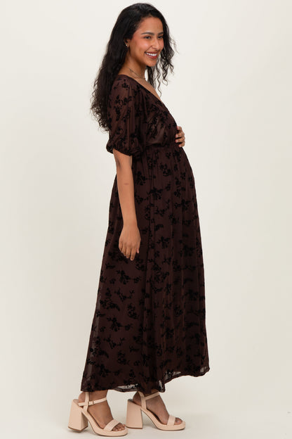 Brown Floral Mesh 3/4 Sleeve V-Neck Maternity Maxi Dress