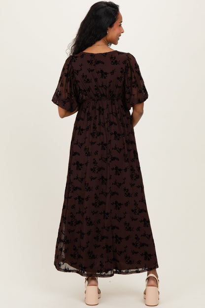 Brown Floral Mesh 3/4 Sleeve V-Neck Maternity Maxi Dress
