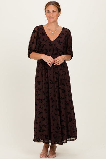 Brown Floral Mesh 3/4 Sleeve V-Neck Maternity Maxi Dress