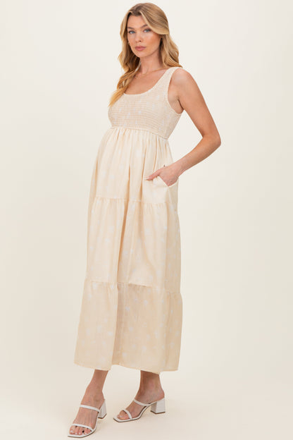 Light Yellow Floral Tiered Maternity Maxi Dress