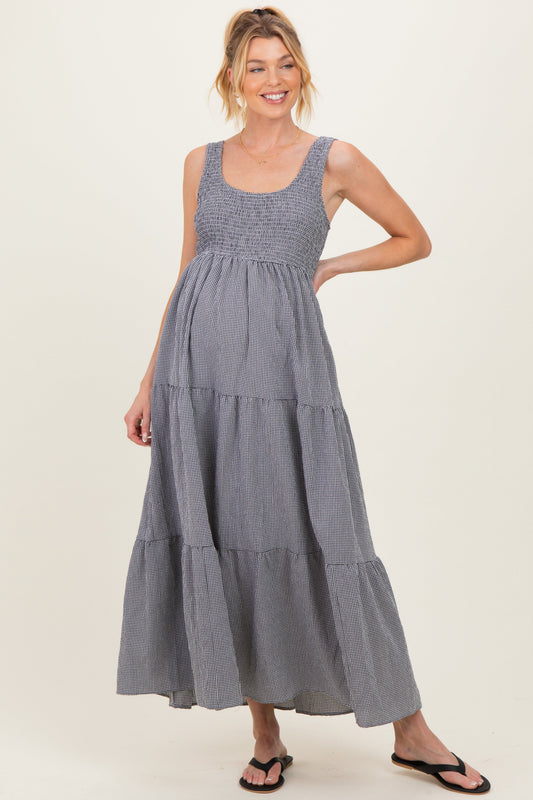 Black Gingham Smocked Bodice Maternity Maxi Dress
