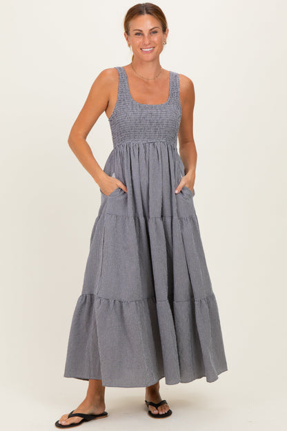 Black Gingham Smocked Bodice Maternity Maxi Dress