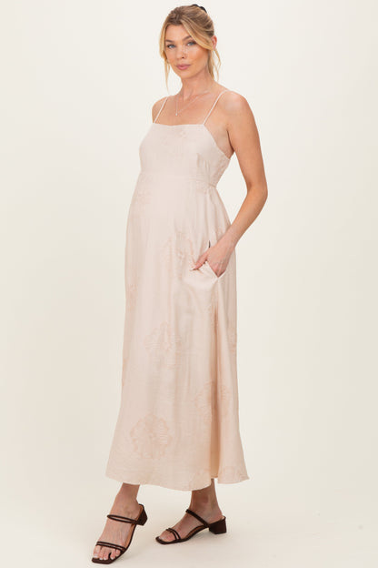 Beige Flower Embroidered Maternity Midi Dress