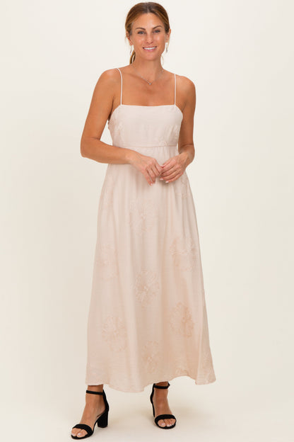 Beige Flower Embroidered Maternity Midi Dress