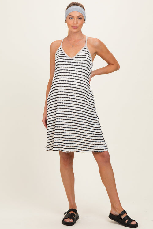 Ivory/ Black Striped Sleeveless Halter Maternity Mini Dress