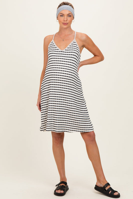 Ivory/ Black Striped Sleeveless Halter Maternity Mini Dress