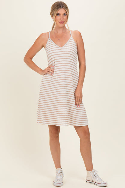 Cream/ Camel Striped Sleeveless Halter Maternity Mini Dress