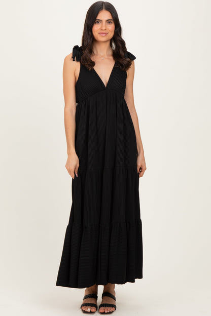 Black Shoulder Tie Ribbed Tiered Maternity Maxi Dress