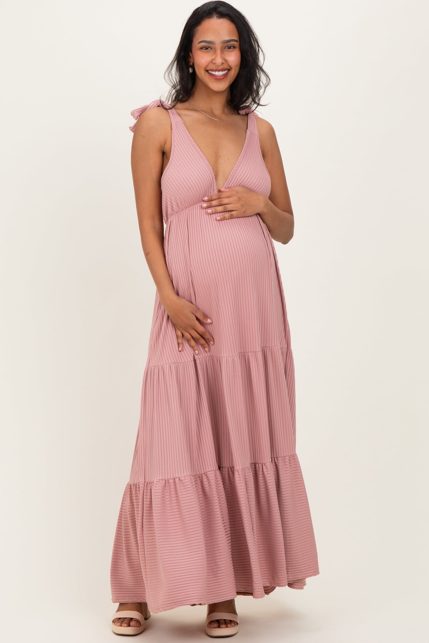 Mauve Shoulder Tie Ribbed Tiered Maternity Maxi Dress