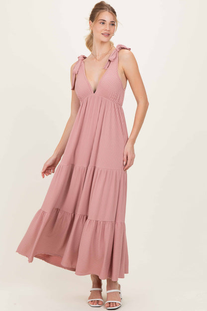 Mauve Shoulder Tie Ribbed Tiered Maternity Maxi Dress