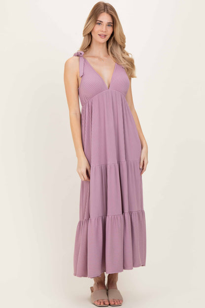 Violet Shoulder Tie Ribbed Tiered Maternity Maxi Dress