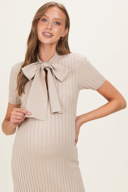 Oatmeal Ribbed Knit Tie Neck Maternity Midi Dress