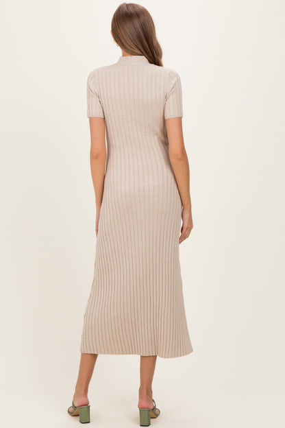 Oatmeal Ribbed Knit Tie Neck Maternity Midi Dress