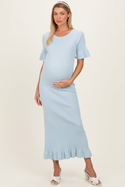 Sky Ribbed Knit Bow Back Ruffle Accent Maternity Dress