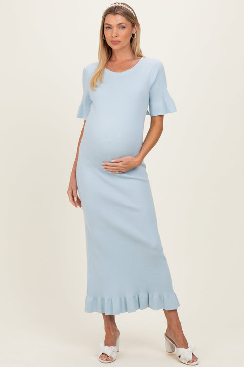 Sky Ribbed Knit Bow Back Ruffle Accent Maternity Dress