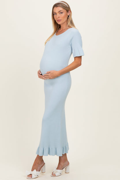 Sky Ribbed Knit Bow Back Ruffle Accent Maternity Dress