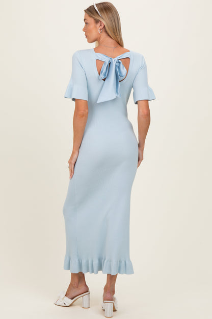 Sky Ribbed Knit Bow Back Ruffle Accent Maternity Dress