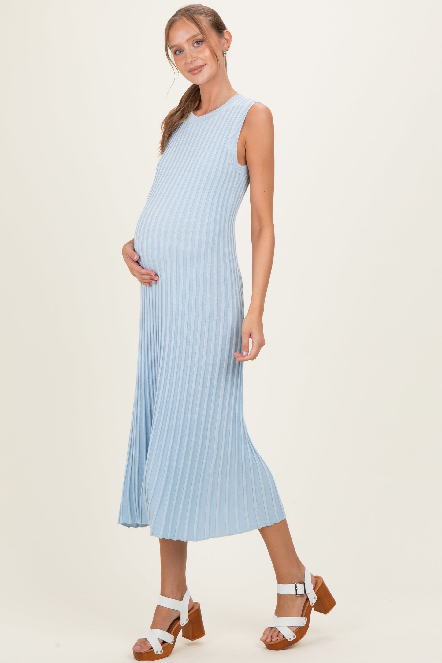 Sky Blue Ribbed Knit Sleeveless Maternity Maxi Dress