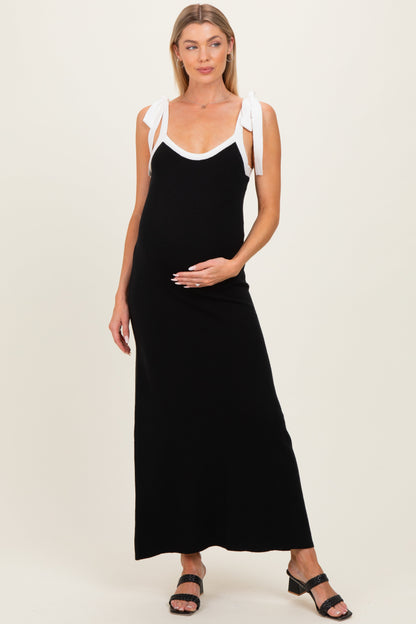 Black Knit Contrast Shoulder Tie Maternity Dress