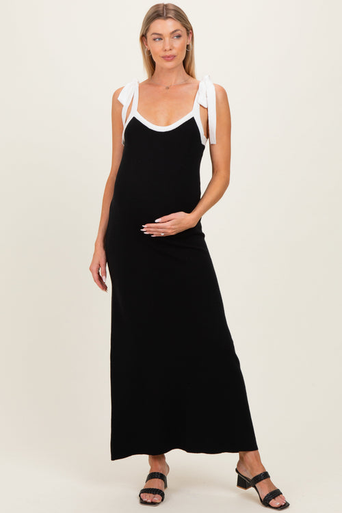 Black Knit Contrast Shoulder Tie Maternity Dress